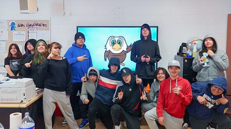 At Lawrence Sinclair Memorial School, mascot contest name winners celebrate a win.
